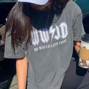 WWJD Christian T-Shirt, Jesus T shirts, Faith Tee, "We love, because He first loved us." - 1 John 4:19