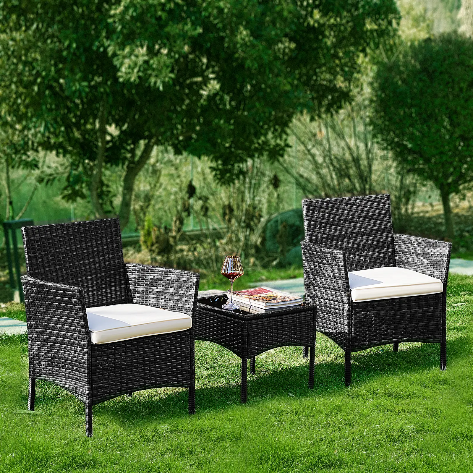 Patio Furniture Set 3 Pieces, Outdoor Furniture with Soft Cushion and Glass Table, All Weather Manual Weaving Wicker Rattan Patio Chairs