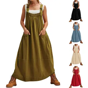 Tanming Women's Barrel Midi Dress Loose Adjutable Strap Big Pockets Maxi Dress Overall Jumpsuits