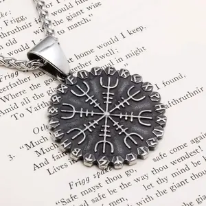 Viking Helm of Awe Ægishjálmr Vegvisir Rune Stainless Steel Pendant Necklace