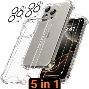 5-in-1 Full Protection Set for iPhone 17/16/15/14/13/12/11 Pro Max, Clear Shockproof Case + 2 Tempered Glass Screen Protectors + 2 Camera Lens Protectors