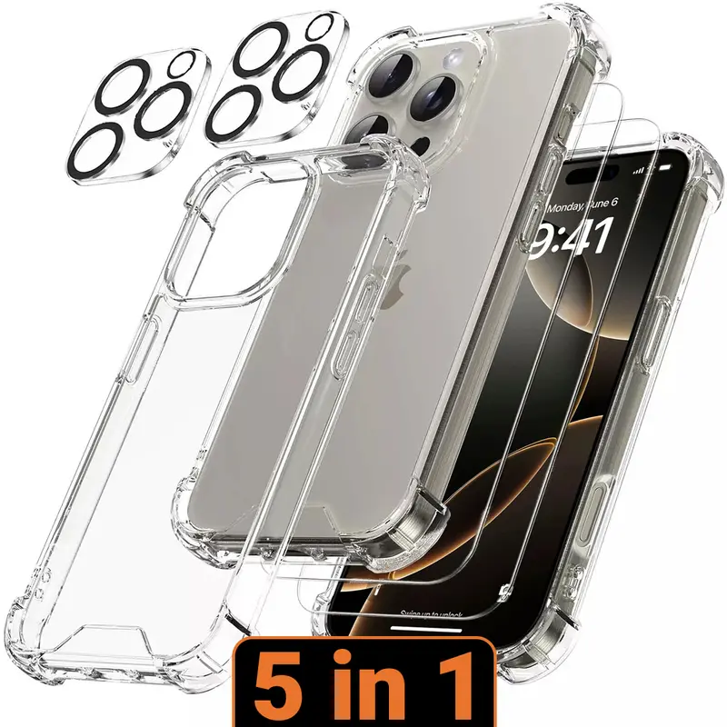 5-in-1 Full Protection Set for iPhone 17/16/15/14/13/12/11 Pro Max, Clear Shockproof Case + 2 Tempered Glass Screen Protectors + 2 Camera Lens Protectors