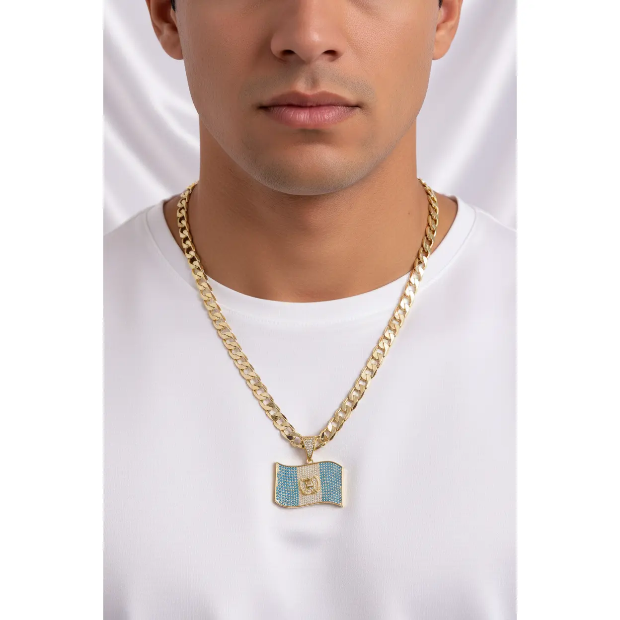 22-Inch Gold-Plated Cuban Chain Necklace with Crystal Guatemala Flag Pendant, One of a Kind Guatemala Pride Costume Jewelry, Brilliant Blue & White Crystals for Daily Wear & Gifting, Brilliant Blue And White Crystals