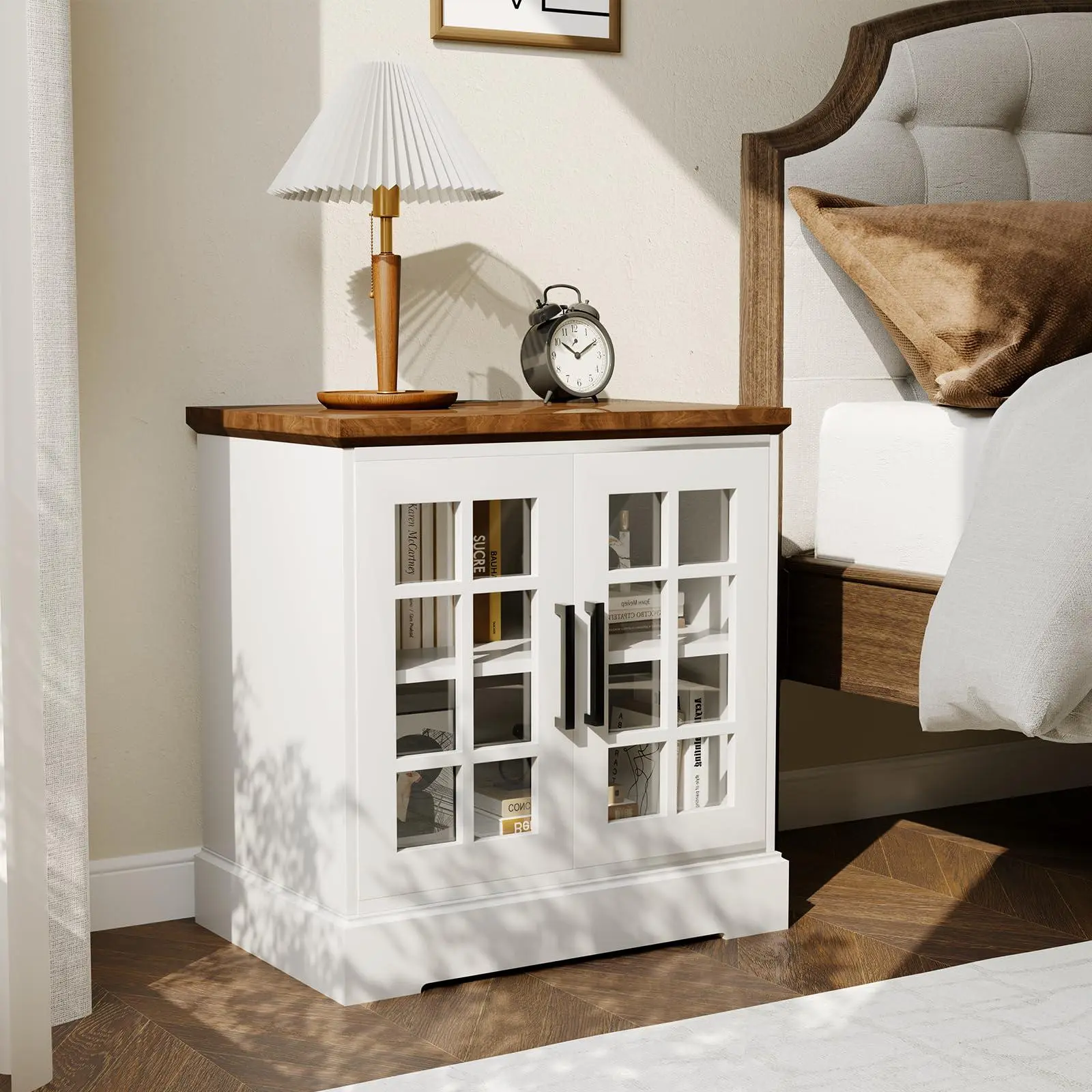 24 in Farmhouse End Table, Rustic Square Nightstand Sofa Side Table with Charging Station Adjustable Storage Shelf for Living Room Bedroom, White