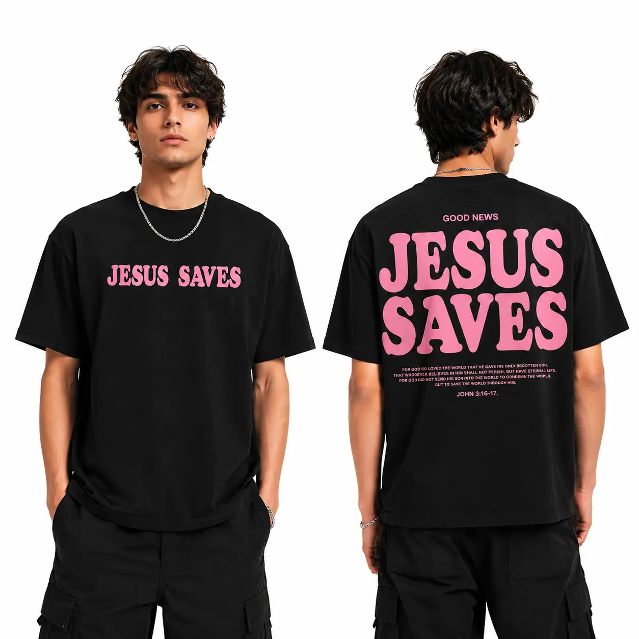Jesus Saves Christian Graphic T-Shirt, Unisex Pink Letter Front and Back Print Tee, 100% Cotton Oversized Crew Neck Short Sleeve Bible Verse Streetwear