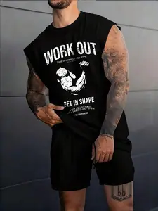 Men's Workout Graphic Sleeveless Vest, Fitted Long Top for Gym Running Daily Wear, Casual H-Type Silhouette, Sleeveless Sports Fitness Vest