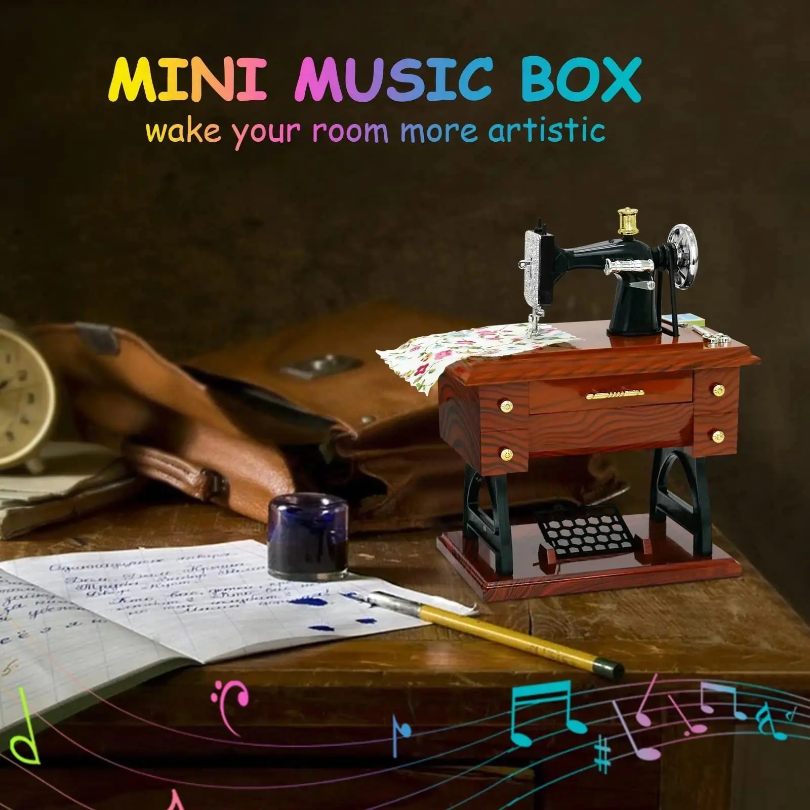 Mini Sewing Machine Design Music Box, 1 Count Clockwork Vintage Music Box Plastic, Desktop Decorative Ornaments for Home Living Room Bedroom Office Birthday Gift Valentine's Day Gift-
