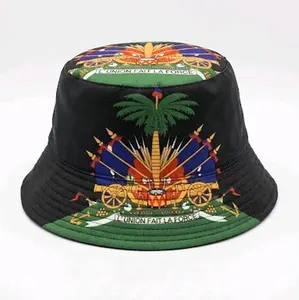 Haitian Hat with Colorful Emblem and "L'Union Fait La Force" Text, Black Bucket Hat with Green Trim