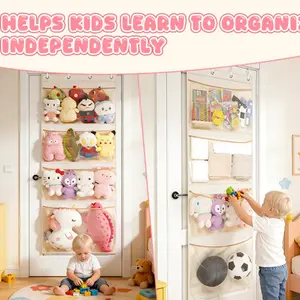 Door Back Toy Storage Bag, 4-Compartment Large Mesh Hanging Organizer, Adjustable Strap, Kids Toys, Stuffed Animals, Snacks, Small Items