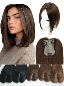 High-Quality Hair Topper with Side Bangs - Fluffy Lightweight Volumizing Hairpiece for Women, Dark Brown & Blonde Gradient, Seamless Scalp Clips, Thinning Covers, Realistic Silky Base for Natural Look, Hairpiece for Balding, Versatile Styling Option