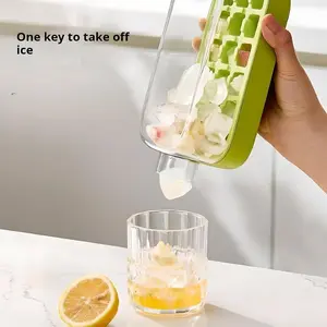 2025 Upgrade Ice Cube Bottle with Straw, 2 in 1 Touch Free Ice Cube Tray Water Bottle, Leakproof Silicone Ice Mold Ice Cube Tray Press Easy Ice Release for Freezer Coffee Juice Beverage (Green)