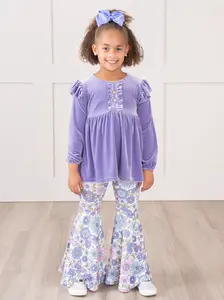 Floral Ruffle Velvet Bell Bottoms Outfit