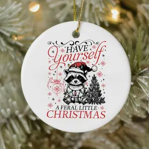 Funny Feral Raccoon Vintage Christmas Ceramic Ornament, 3 in Round Classical Decoration, Raccoon Lover Holiday Gift 0Z8