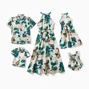 PatPat Family Matching Allover Plant Floral Print Sleeveless Halter Dress For Mom/Girl, Short-sleeve Shirt For Dad/Boy, or Sleeveless Floral Romper For Baby