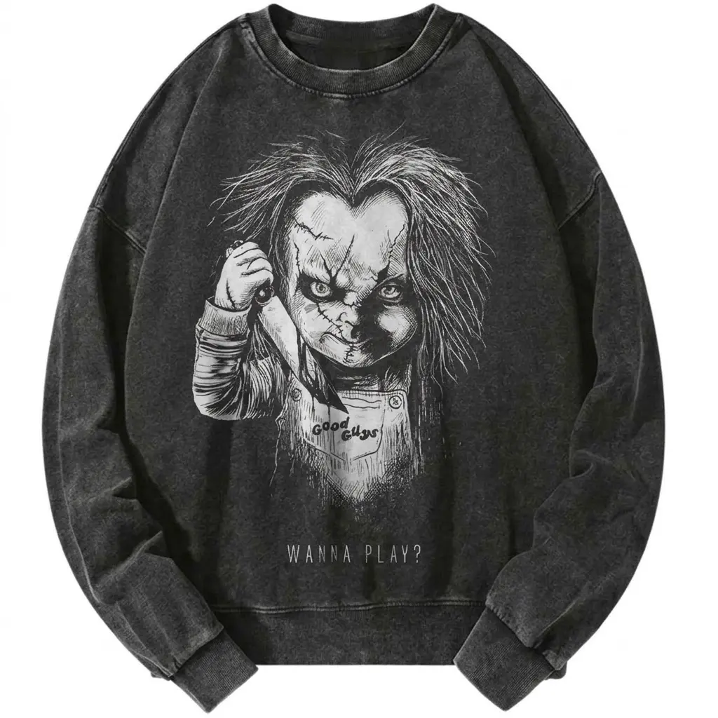 Chucky Unisex Wash Sweatshirt, Wanna Play Scary Doll Vintage Horror Halloween Graphic Tee, Gift for Horror Movie Fans