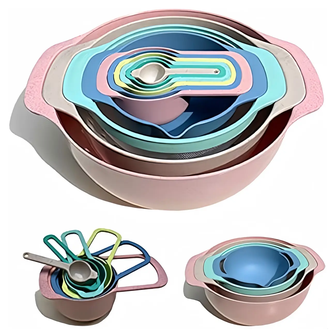 10 Pcs Nesting Bowls with Measuring Cups Colander and Sifter Set Includes 2 Mixing Bowls, 1 Colander, 1 Sifter and 6 Measuring Cups,Pink,Mint Green Kitchen Utensils