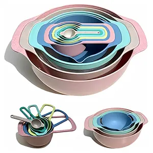 10 Pcs Nesting Bowls with Measuring Cups Colander and Sifter Set Includes 2 Mixing Bowls, 1 Colander, 1 Sifter and 6 Measuring Cups,Pink,Mint Green Kitchen Utensils