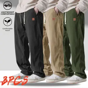 Menswear 3-Pack Men’s Corduroy Casual Trousers, Retro Straight Wide-Leg Fit, Loose Slimming Design with Strong Drape, Versatile for Spring/Autumn, Essential for Teen Students’ Everyday Commuting, Trouser