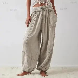 New2025Women Harem Pants Summer Casual Vintage Cotton Linen Pants Elastic Waist Wide Leg Fashion Loose Pockets Female Trousers S-5XL