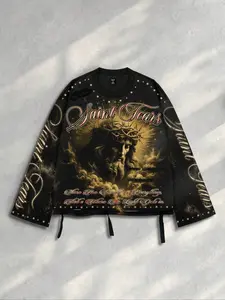 Men's Vintage Street Style Saint Print Long Sleeve Round Neck T-Shirt, Loose-Fitting Short Fit, Fall 2000s Fashion