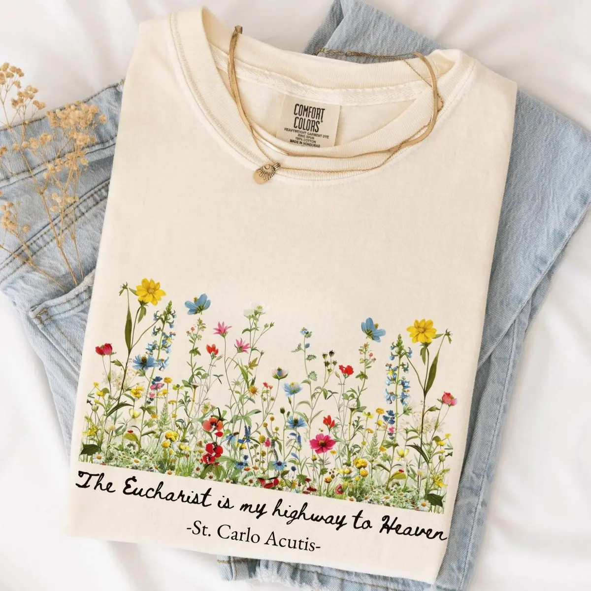 Comfort Colors Catholic Saint Carlo Acutis Shirt, Religious Faith Tee, Floral Christian Shirt, Eucharist Shirt, All Saints Day Gift, Unisex Fitted Short Sleeve Tee, Casual Clothing