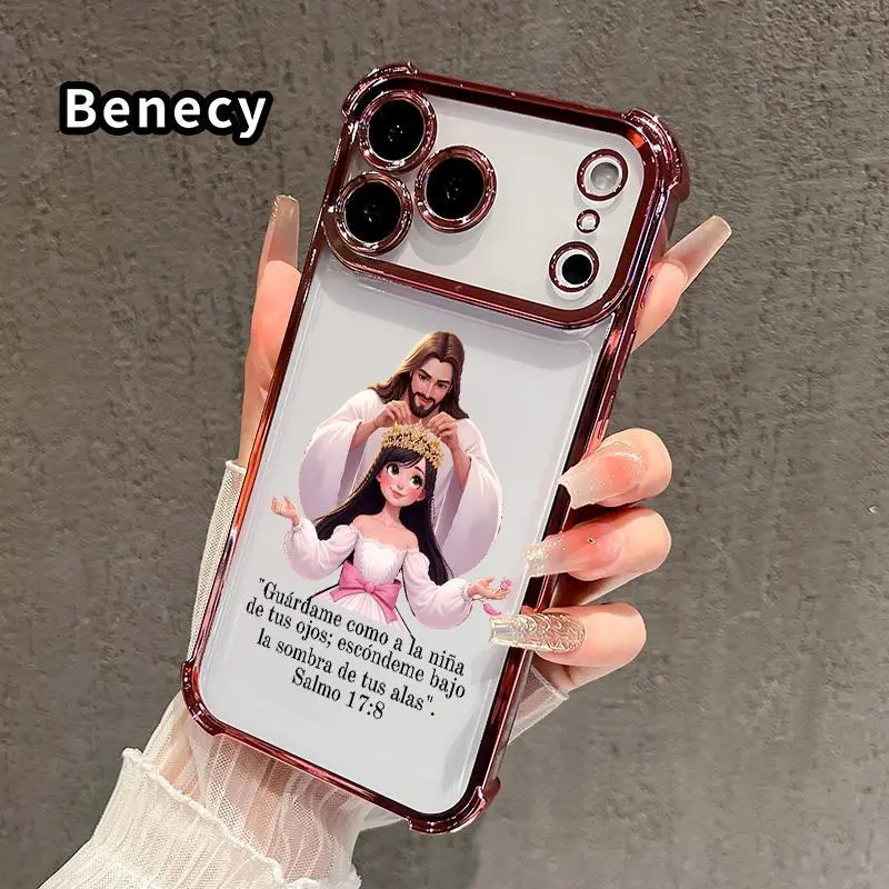 Divine Crown Blessing Pattern Phone Case for iPhone 17 Pro Max 16 15 Plus Air 14 13 12 11 E Electroplated Four-Corner Anti-Fall Protection Cellphone Cover.HM132