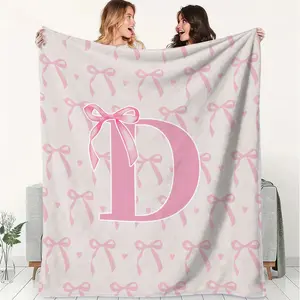 Pink Bow Letter D Decorated Flannel Blanket,Fluffy Light Pink Blanket Covered with A Repeating Pattern Pink Bows Small Hearts Cover Blanket, Soft Fluffy Warm Blanket,Outdoor Sports Blanket,Gift Blanket, Suitable Living Rooms,Sofas,Offices,Camping,Travel.