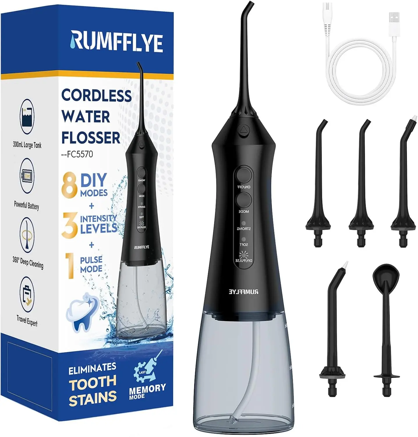 Water Dental Flosser Teeth Pick 300ML Portable Cordless Oral Irrigator for Teeth Cleaning with 4 Modes 5 Jet Tips 12 Pressure Settings Usbcharger IPX7 Irrigation Cleaner for Home Travel Black RUMFFLYE