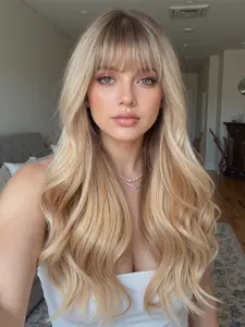 Fashionable New 24 Inch Long Wavy Blonde Wigs with Bangs and Highlights, Synthetic Women's Wigs Suitable for Ordinary Work, Life, Dance Parties and All Occasions, Loose Wave Wig
