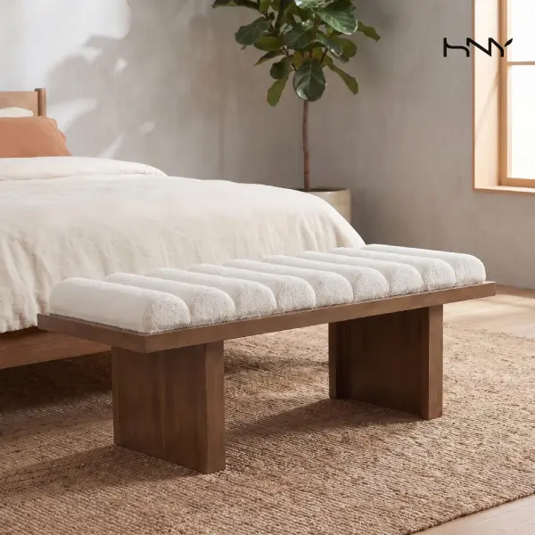 HNY 47" Modern Sherpa Boucle Fabric Upholstered Entryway Bench,Padded Cylindrical Cushion,Ottoman Bench with Natural Wooden Base,End-of-Bed for Bedroom, Living Room