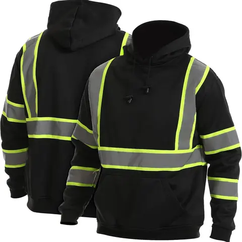 High Visibility Safety Sweater Black Hoodie Pullover with Reflective Strips for Enhanced Visibility