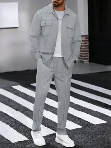 Fashion Men's Textured Knit Two-Piece Set, Button-Up Long Sleeve Top and Waistcoat Pants, Casual Daily Wear, Stylish and Comfortable