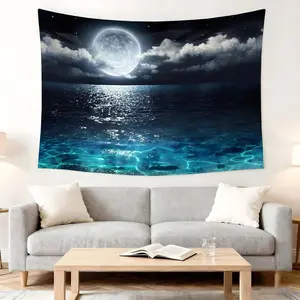 1 Pc Moonlit Ocean Wall Tapestry Art Deco Bedroom Living Room Party Festival Hanging Large Night Sky Print Fabric Statement Decor Home Aesthetic Ambiance Cozy Atmosphere Relaxation Meditation Room Decor Home Decor Supplies