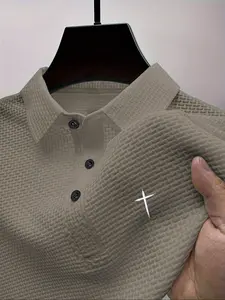 Men's Summer Polo Shirt, Short Sleeve, Cross Pattern Print, Comfortable Fabric, Casual Fitted Design, Perfect for Daily Wear, Stylish Leisure Shirt