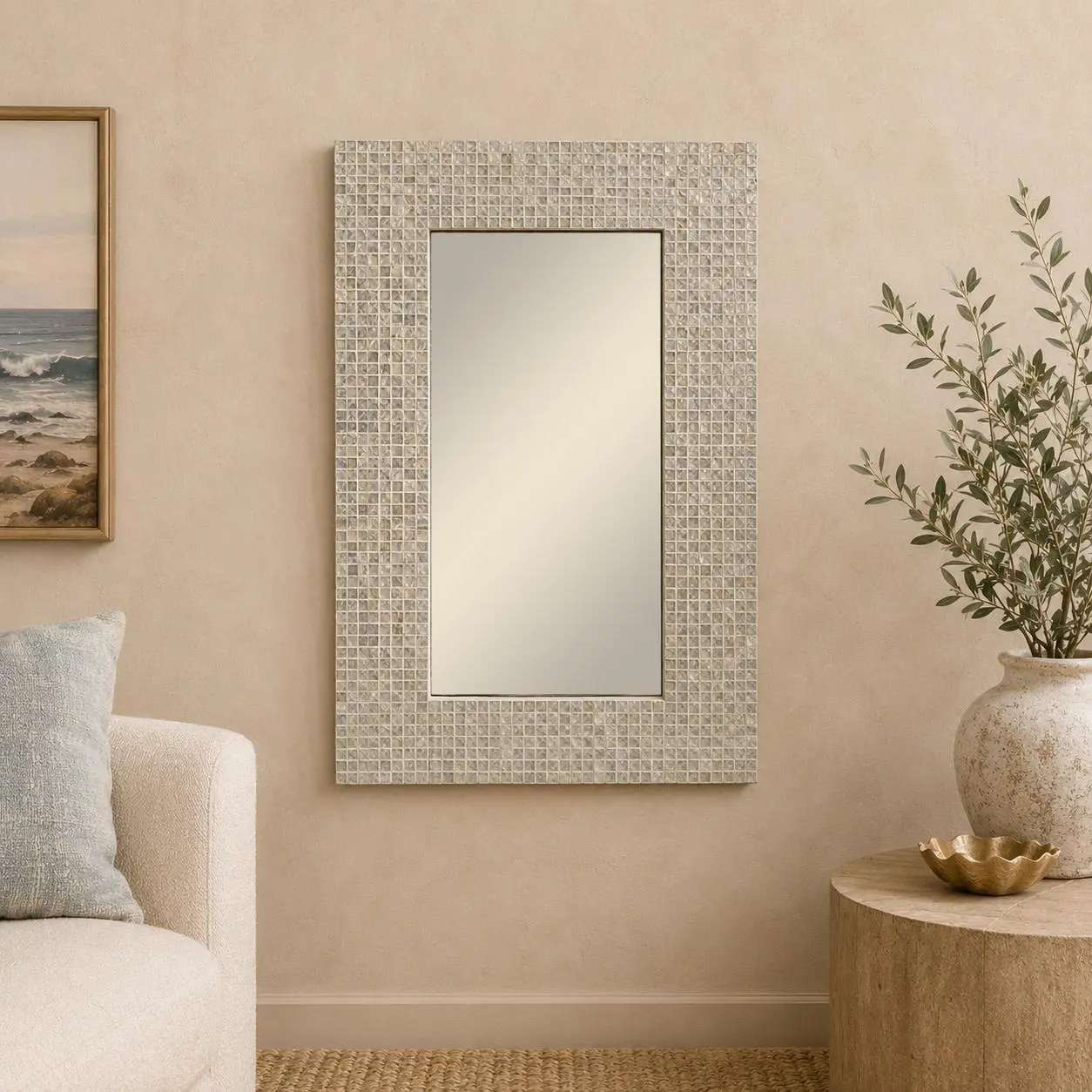 Handmade Capiz Shell Mosaic Wall Mirror, Home Decor for Sofa Area, Entryway & Room Decor