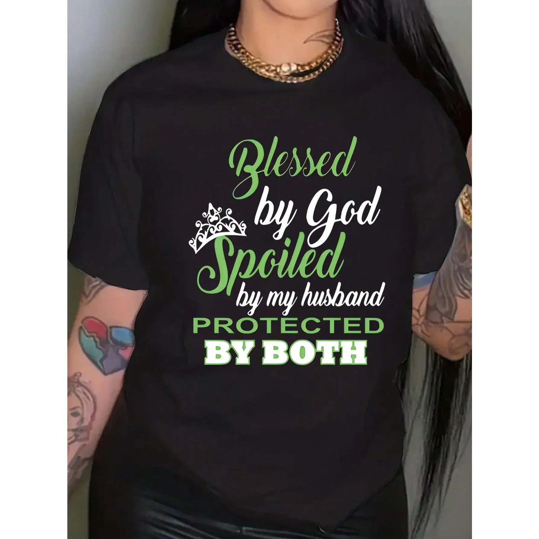 Women's Printed Short-Sleeve Casual T-Shirt - God Spoiled Husband Protected Graphic Top, Elastane-Polyester Knit Fabric, Flattering Regular Sleeve Scoop Neck, Comfortable for Summer