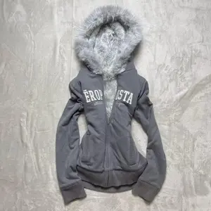 American original gray thickened hooded sweatshirt jacket for women retro slim hottie design warm zipper jacket