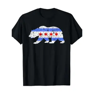 Men's Distressed Chicago City Flag Bear Graphic T-Shirt, Ideal Gift for Men's Casual Wear Crewneck Menswear Tshirt