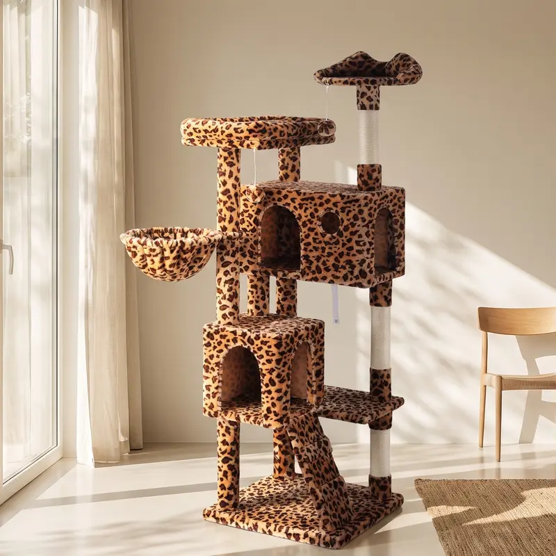 HOOMIC 64-Inch Large Cat Tree – Multi-Level Cat Tower with Durable Activity Center for Indoor Cats,Beige/Dark Grey/Grey/Pink/Leopard Print & Spot Patterns