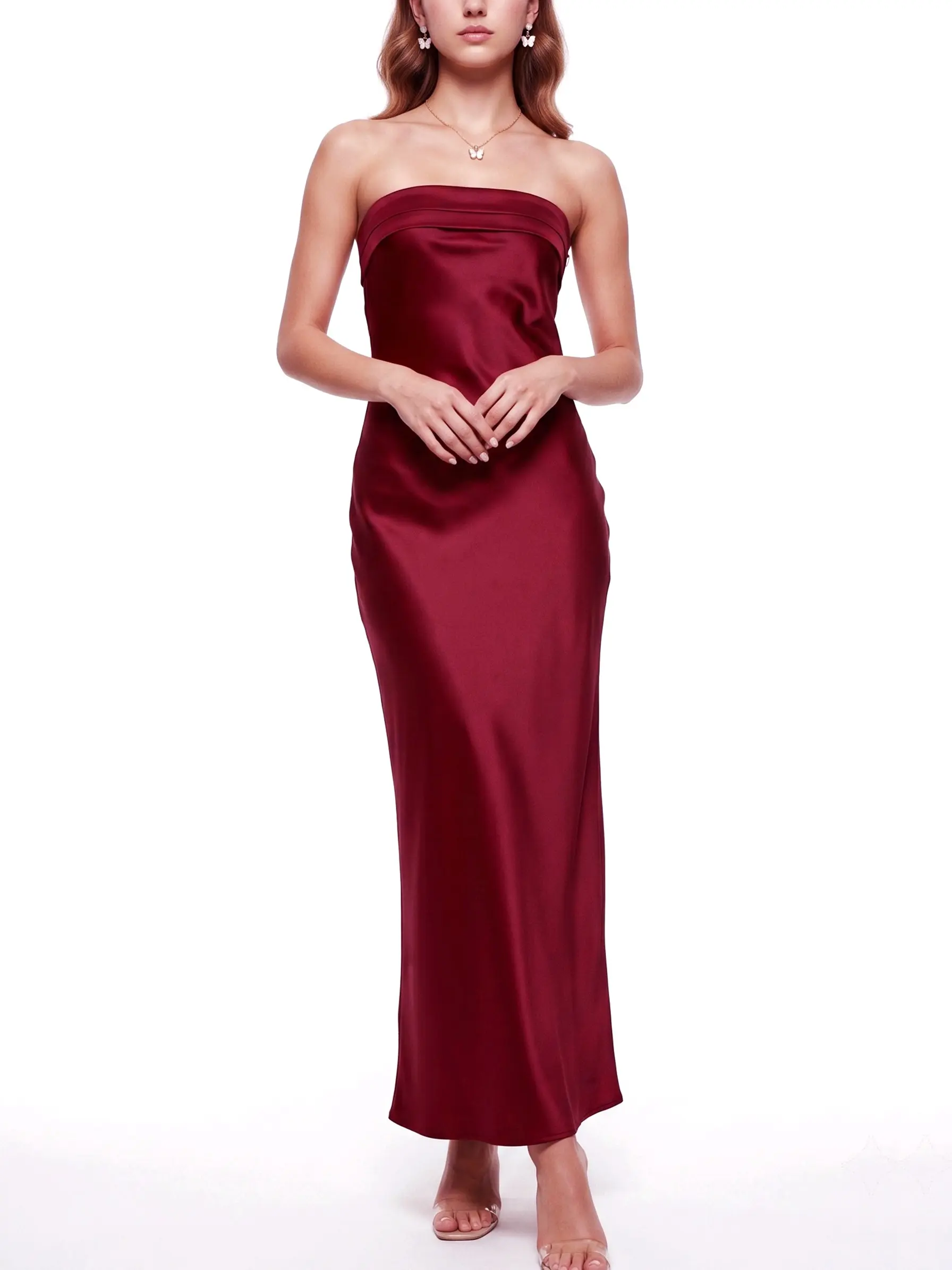 Women's Formal Dresses, Elegant Satin Strapless Bodycon Maxi Gown with Low Back Cutout - Cocktail Party, Wedding Guest Dresses, Tube, Women's Dresses