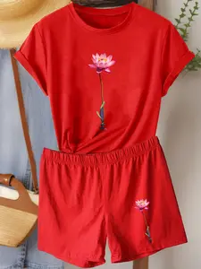 【Plus Size】 Floral Print Tee & Shorts Set, Casual Short Sleeve T-shirt & Shorts, Women's Two-piece Outfits for Summer, Womenswear