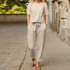 Women's cotton and linen summer suit half-sleeved O-neck oversized blouse e wide-leg pants retro loungewear