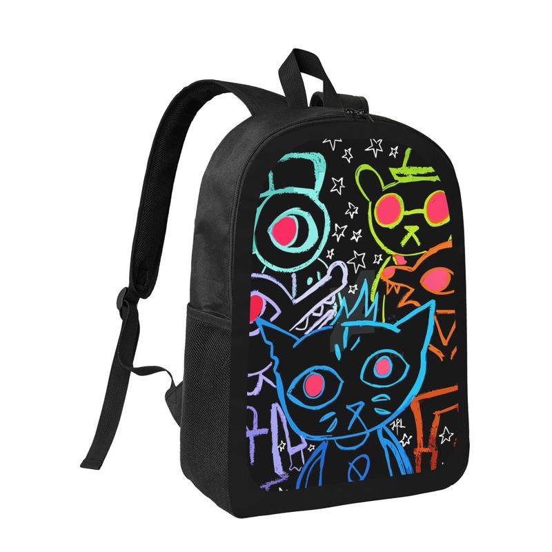Night in the Woods Backpack - Large Capacity School Bag with Adjustable Shoulder Straps, Lightweight Backpack for Teens, College, Travel - Cute Night in the Woods Characters (Black with Neon Colors) - Durable Zipper Closure Backpack for Boys & Girls, Back