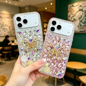 Luxury rhinestone butterfly phone case for iPhone 17/16/15, bling diamond shockproof cover with wrist strap, 2-in-1 soft + hard protective case, camera lens protection, anti-scratch, anti-yellow, cute stand design for girls