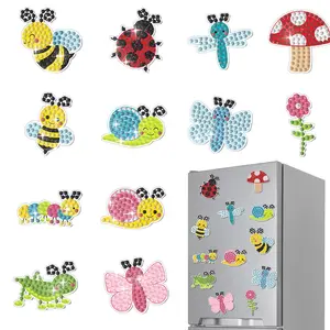 Cartoon Insect Pattern Refrigerator Magnet, 12pcs/set DIY Diamond Arts Colorful Painting Magnet Kit, Decorative Sticker for Home Refrigerator Mailbox, Refrigerator Decorating Magnet