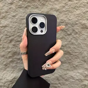 1pc Coated Large Hole Lens Simple Design Artificial Leather Pattern Design Mobile Phone Case Suitable for iPhone 16promax