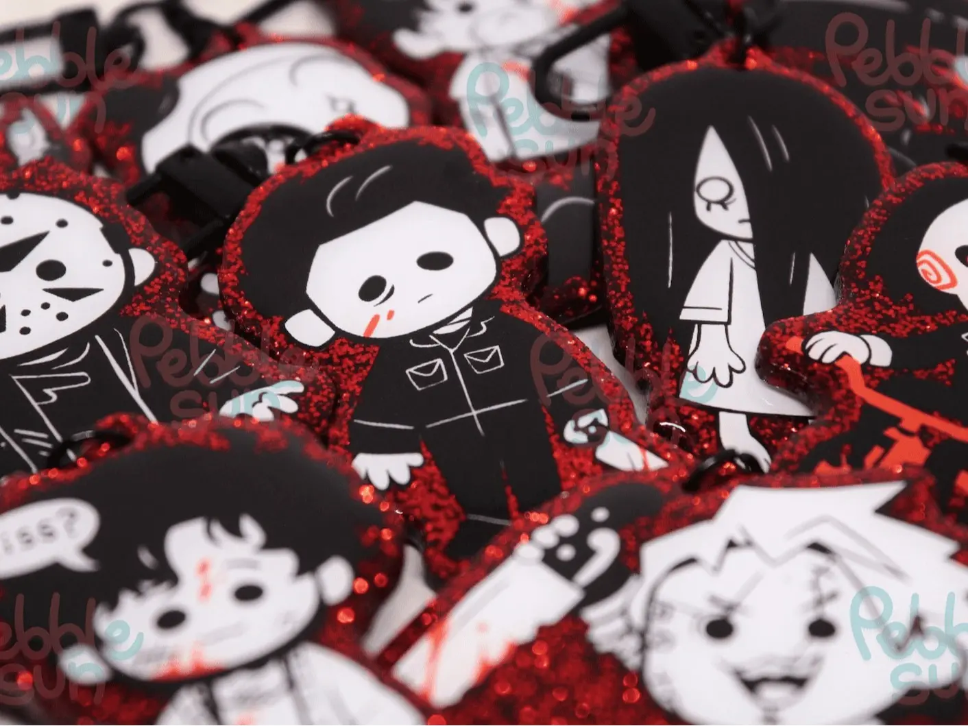 B&W Horror Icons Red Glitter- Double Sided Acrylic Keychain, Great For Daily Use Or As Thoughtful Little Gifts For Your Friends And Yourself.