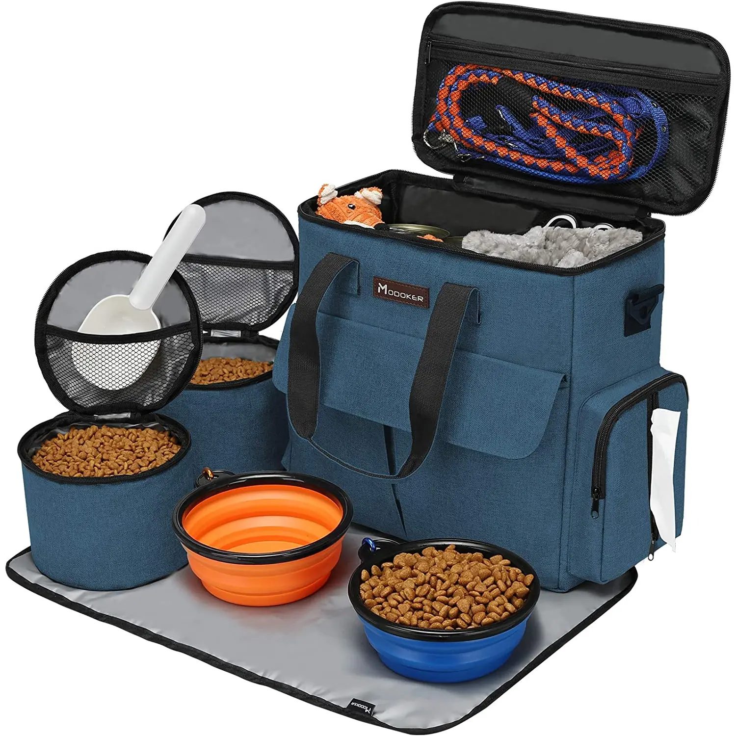 Modoker Dog Travel Bag, Weekend Pet Travel Set for Dog and Cat, Airline Approved Tote Organizer with Multi-Function Pockets, 2 Food Storage Containers, 2 Collapsible Bowls, 1 Feeding Mat (Blue) Modoker