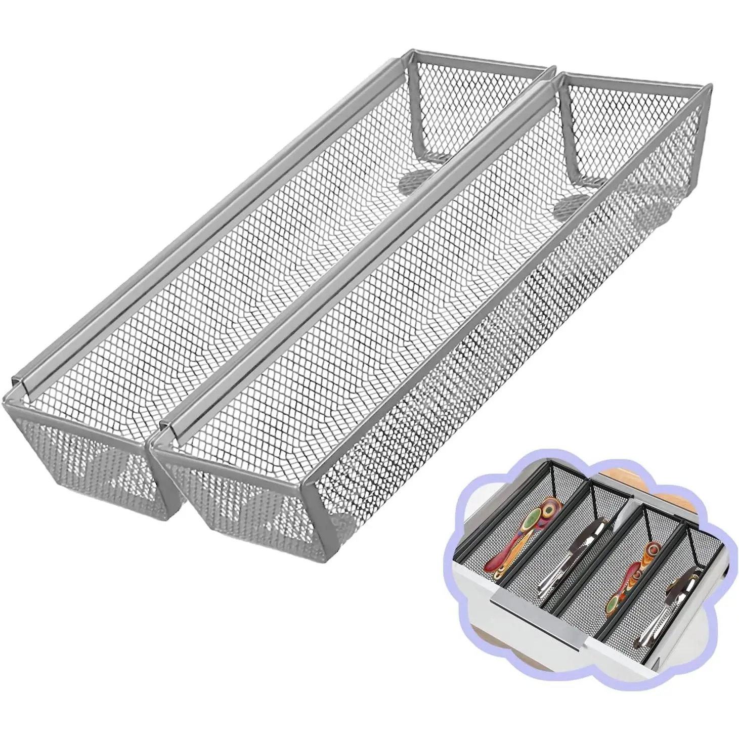 Grey 2pcs Mesh Drawer Organizer with Interlock Arms - Synthetic Grid Pattern Utensils Sorter, Countertop Compatible, 12x3x2in 2-Piece Home Storage Holder & Rack for Flatware, Pens, Two Piece Set