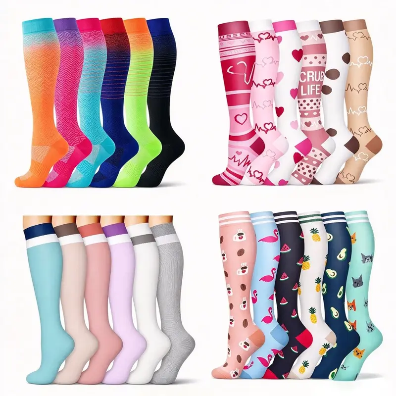 Compression Socks for Women & Men 6 Pairs Fun Patterns for Nurses Running Athletic Sports Best Support for Circulation Cotton Material Premium Comfort & Support Great Gift Idea Tubesocks